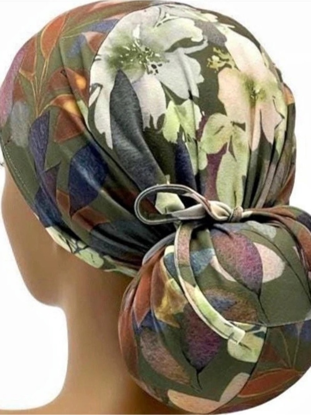 MedScrub Stretch Olive Floral Ponytail Scrub Cap